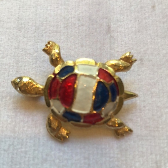 Patriotic Turtle Brooch Pin Gold tone Red White Blue Enamel Accents Crystal Eyes - Picture 4 of 10